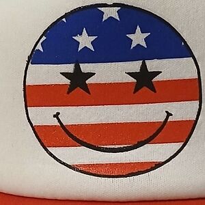 Patriotic Smiley Trucker Hat - Red, White, and Blue